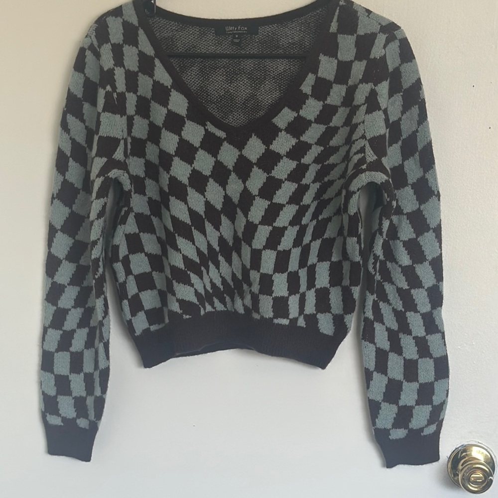 Chocolate brown and blue checkered V-neck sweater Sweater